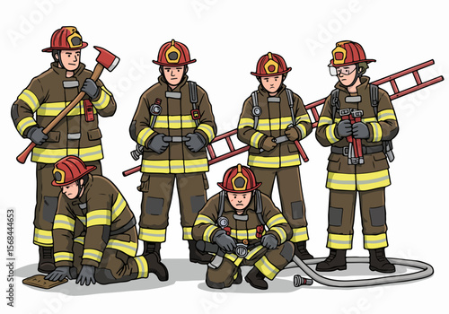 Illustration of a team of firefighters in uniform with firefighting gear including axe, ladder, and hose on a white background.
