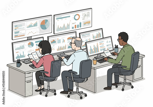 Diverse team analyzing financial data on multiple computer monitors in a modern office setting.