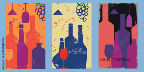 Wine list poster, wine tasting design, sommelier flyer, alcohol shop decor. Vector design of alcohol bottle, glasses, red wine, chardonnay, kitchen decoration, drink festival