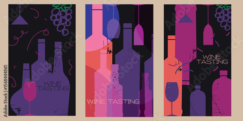 Alcohol design set, flat illustration of wine bottle, glasses, dark background, restaurant banner design, wine list. Sommelier, wine tasting, kitchen decor, red wine, chardonnay