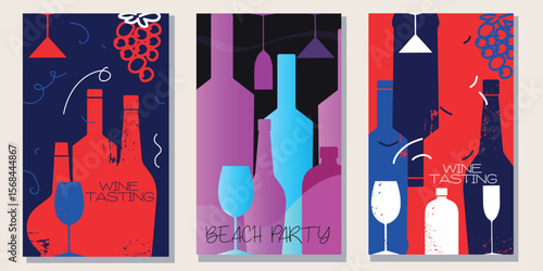 Wine list design collection, sommelier flyer, bar alcohol menu. Wine shop poster, drinking, drunkenness, flat illustration of alcohol bottle, glasses, grapes, scuffed texture