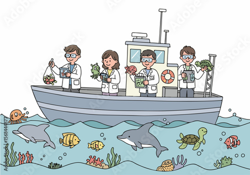 Marine biologists on a research boat studying diverse ocean life, including dolphins, fish, turtles, and various sea creatures in a vibrant underwater ecosystem.