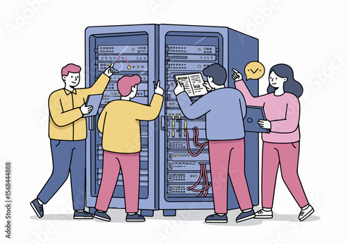 Illustration of a team of IT professionals performing maintenance and checking a server rack in a data center, working on network and data management.