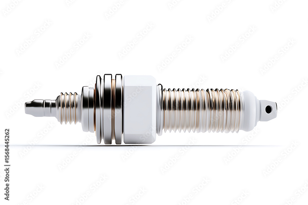 An intricately designed metal and white composite automotive component, possibly a spark plug, showcases precision engineering against a plain white backdrop. An intricately designed metal and white composite automotive component, possibly a spark plug, showcases precision engineering against a plain white backdrop.