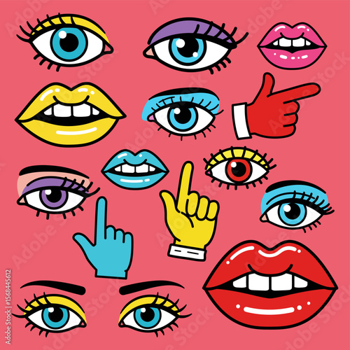 Pop Art Vector Illustration of Eyes, Lips, and Pointing Hands: Bold Retro Comic Style, Vibrant Colors, Iconic 80s Aesthetic, Playful Cartoon Fashion Elements