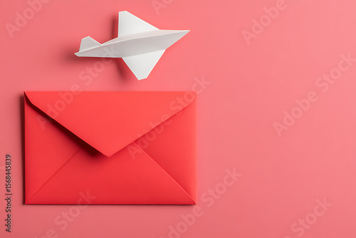 Free Download A white paper airplane flies above a coral colored envelope, both set against a solid coral background. Suggests travel, messages, and communication. - GFXLoad