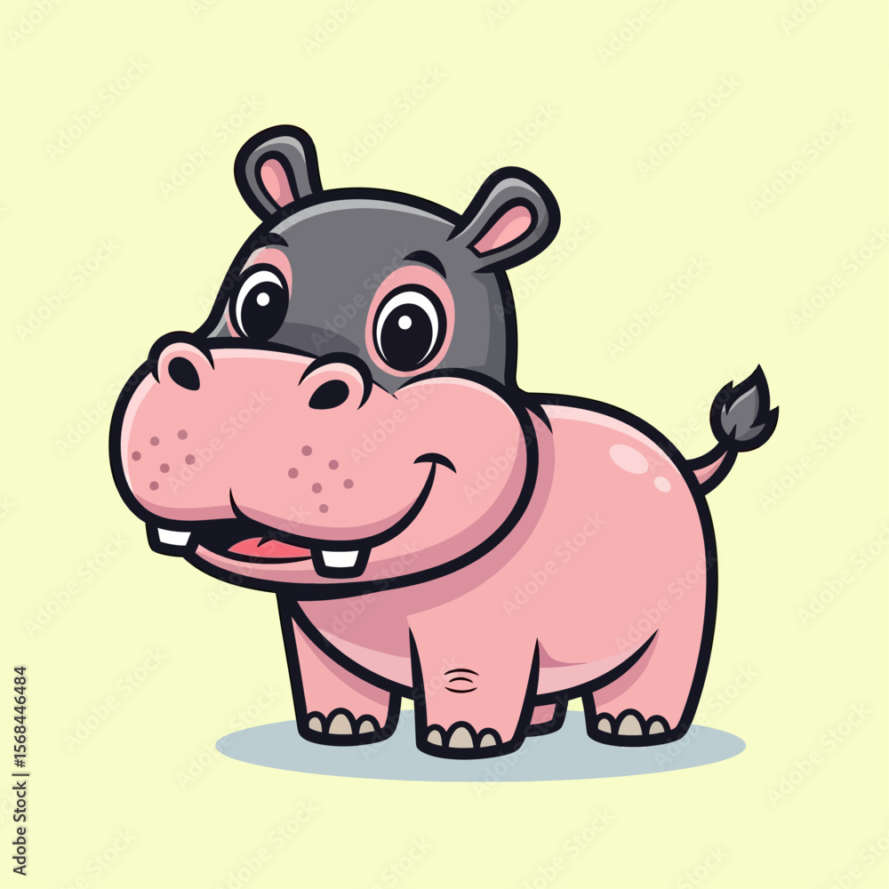 Cartoon illustration of a happy, pink hippopotamus standing and smiling on a light yellow background. Cartoon illustration of a happy, pink hippopotamus standing and smiling on a light yellow background.