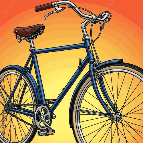 Classic blue bicycle illustration, vintage style, detailed rendering, sunset backdrop.