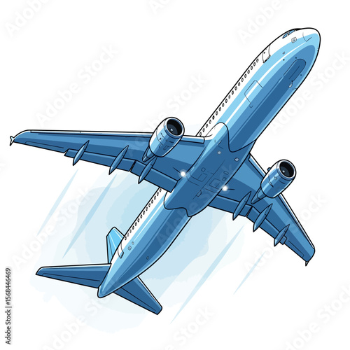 A light-blue passenger jet airplane ascends, its engines glowing, against a white background.