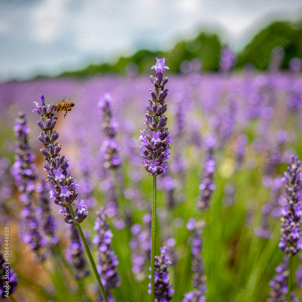 Fototapeta premium Ultra 4K lavender field close-up with purple blossoms and bee blur