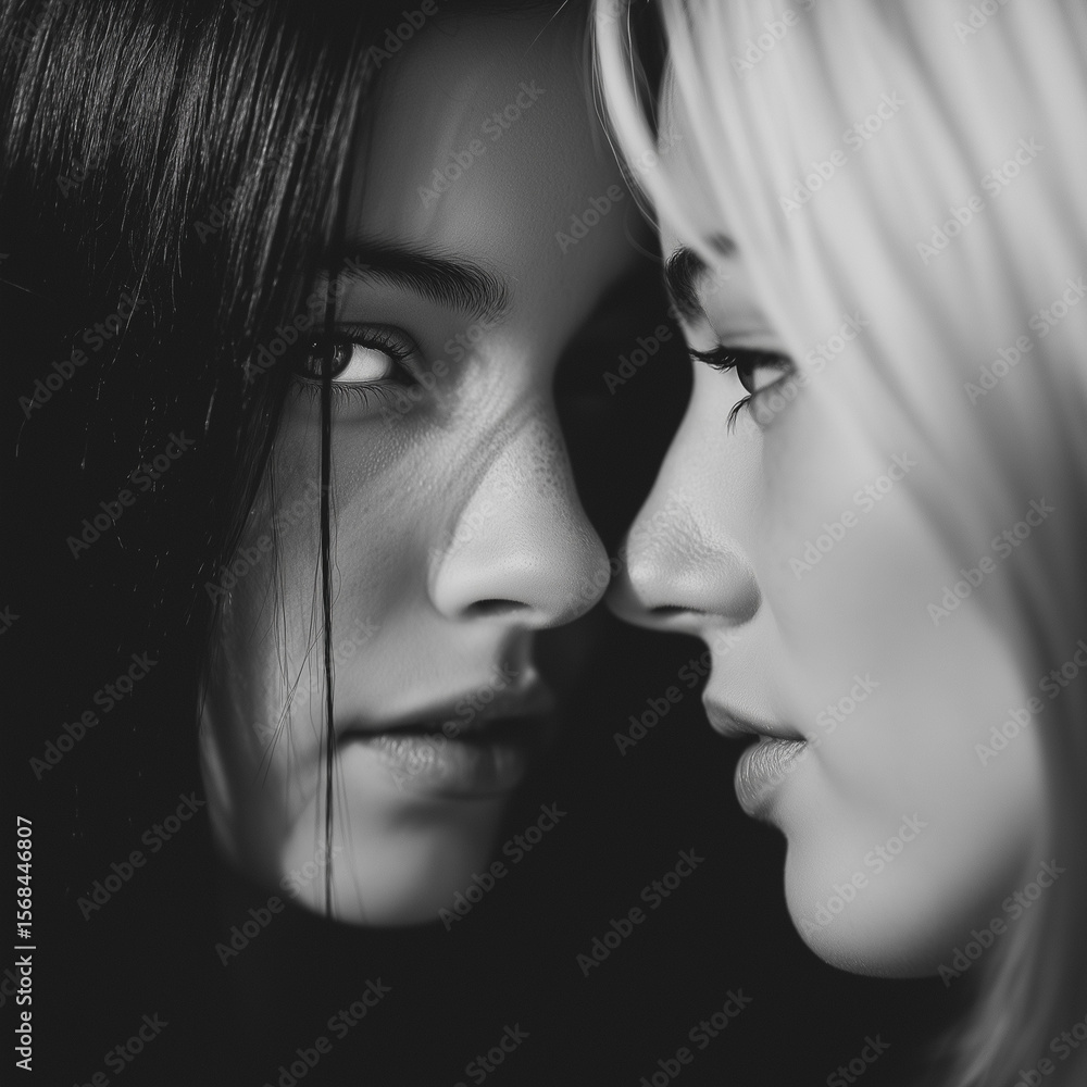 beautiful cinematic photograph of two women almost kissing. One woman with long, straight dark hair and intense eyes. Second woman blonde hair. Clean, creative play of light. contemporary beautiful cinematic photograph of two women almost kissing. One woman with long, straight dark hair and intense eyes. Second woman blonde hair. Clean, creative play of light. contemporary