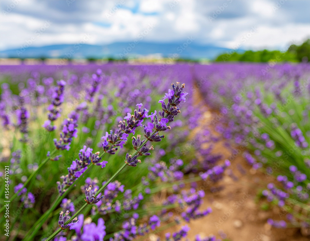 Fototapeta premium Ultra 4K lavender field close-up with purple blossoms and bee blur