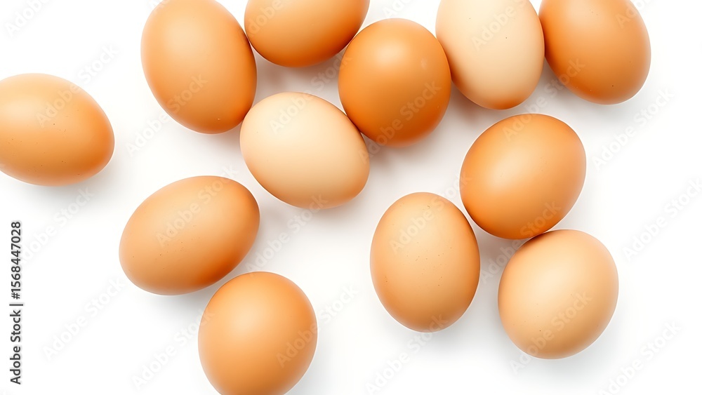 Fresh brown eggs with natural texture, isolated on a pure white background under soft overhead lighting. Fresh brown eggs with natural texture, isolated on a pure white background under soft overhead lighting.