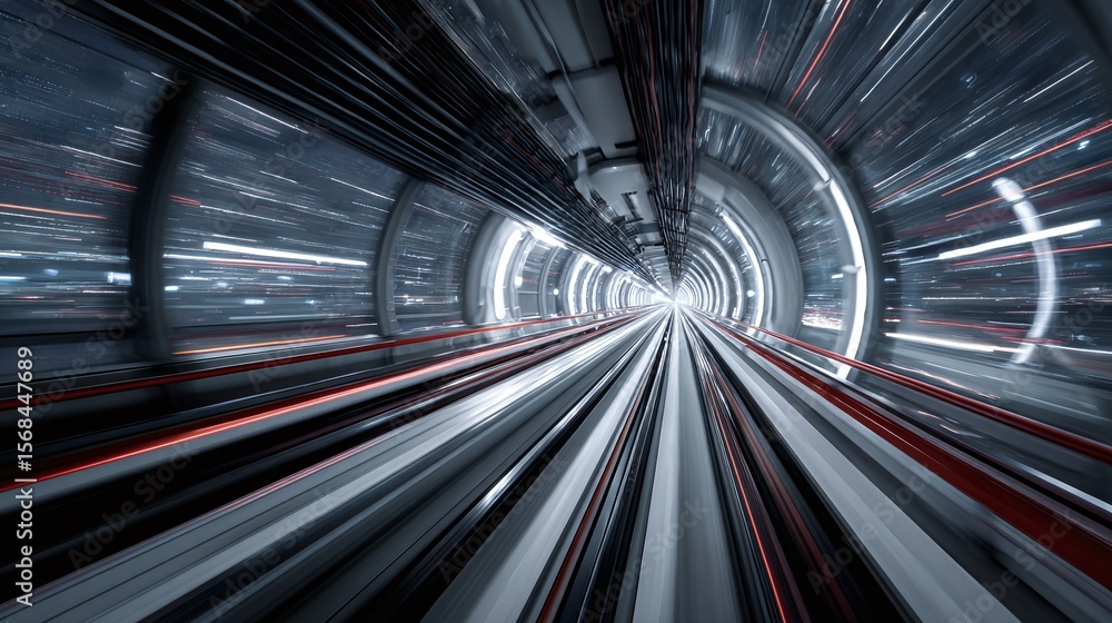 Obraz premium Futuristic transport tunnel with motion blur, depicting rapid travel and innovative infrastructure. High-speed perspective evokes advanced technology.