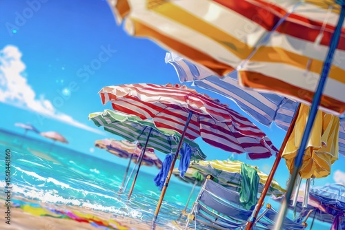 Colorful umbrellas and towels on a sunny beach during summer vacation Generative AI