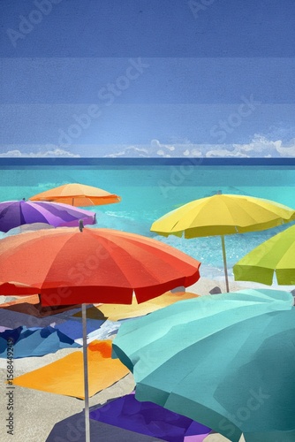 Colorful beach umbrellas dotting a sunny summer vacation scene by the sea Generative AI