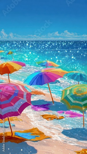 Colorful umbrellas on the beach inviting relaxation during summer vacation Generative AI