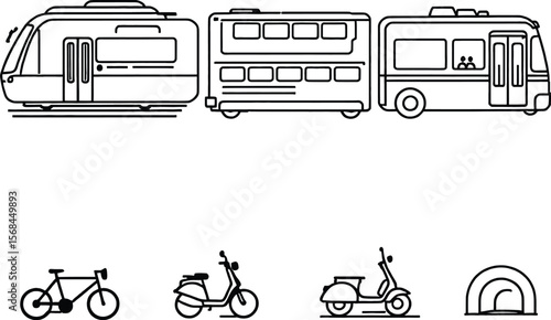 Black-and-White Vector Illustration of Recreational & Mobility Icons – 7-Item Adventure Travel Mini Grid