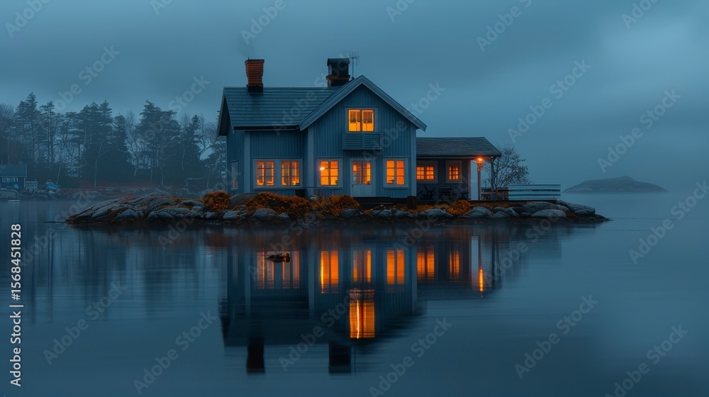 Obraz premium Lit house on small rocky island at dusk, reflection in the water, cozy ambiance