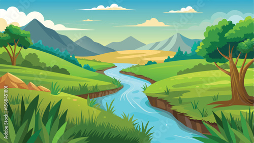 Serene Cartoon Landscape with Winding River, Green Hills, Mountains, and Trees Under Blue Sky
