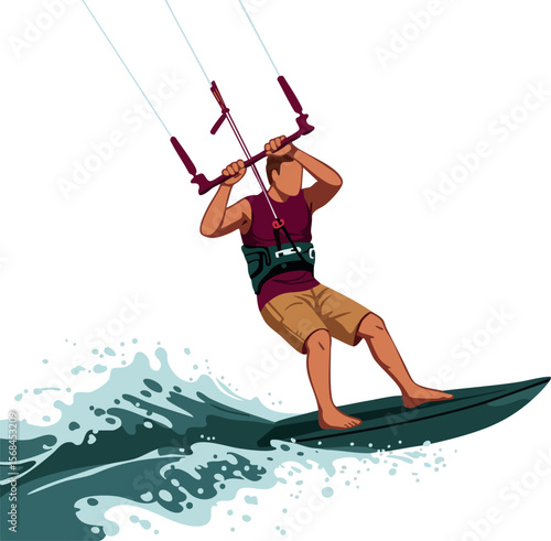 Kite surfer riding waves on a surfboard in windy conditions active water sport vector illustration 