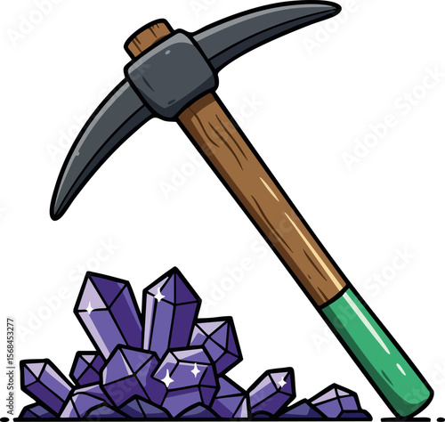 Pickaxe with purple crystals mining tool vector illustration isolated on white background 