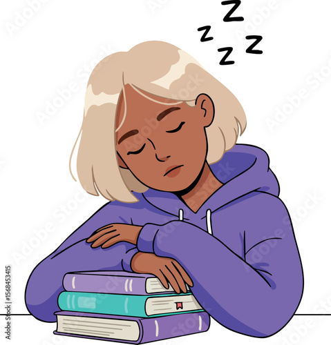 Young woman sleeping on stack of books in purple hoodie with closed eyes vector illustration 
