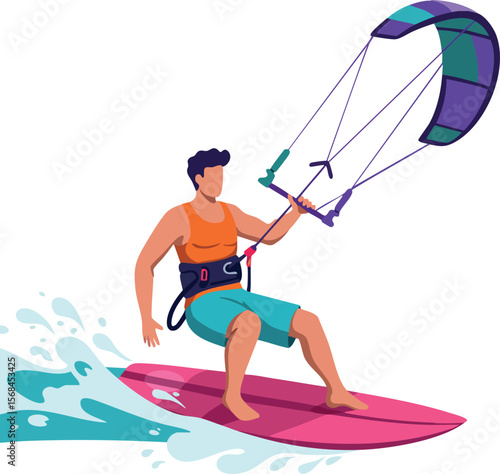 Kite surfer riding waves with colorful kite and board active water sport vector illustration 