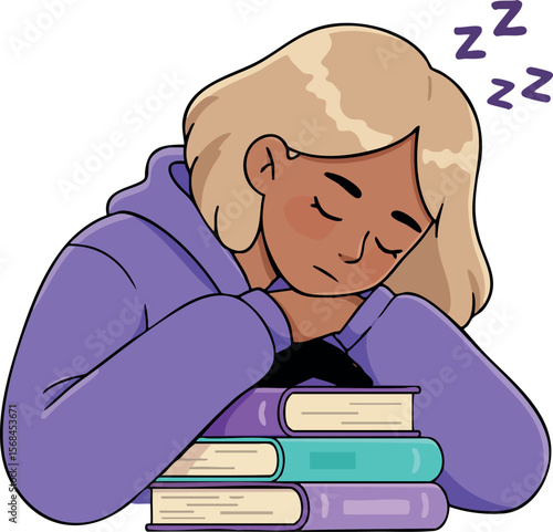 Woman Sleeping Resting Head on Books Purple Hoodie Blonde Hair Vector Illustration 