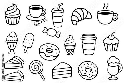 Dessert and drink doodle icon set, hand drawn sweet treats and coffee line art, black and white sketch for cafe, pastry and ice cream theme