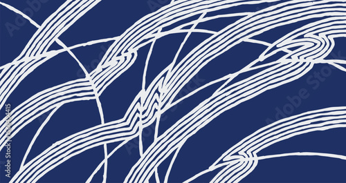 Hand drawn brush lines abstract cross over white stripes pattern on blue, Japanese wood carving texture background, simple irregular graphic for textile, carpet,