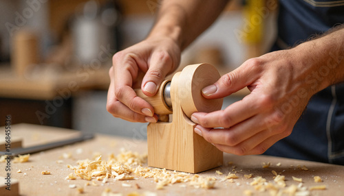 Woodworker assembling wooden toy in workshop with shavings around  