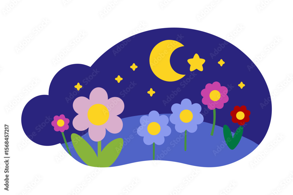 Naklejka premium Night Illustration Of Dreamy Landscape Glowing Stars