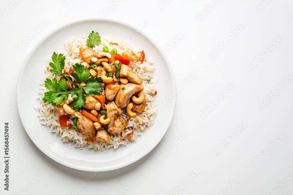 Chicken Sautéed with Cashew Nuts and Rice on White Plate Asian Inspired Meal Photography Chicken Sautéed with Cashew Nuts and Rice on White Plate Asian Inspired Meal Photography