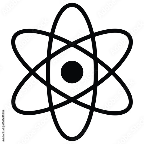 Black atom symbol with orbiting electrons and nucleus atomic science