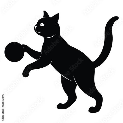 Black cat silhouette playing with a ball playful domestic animal