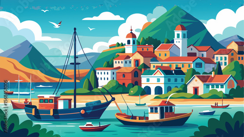 Coastal Village Illustration with Boats, Colorful Houses, and Mountains Landscape Artwork