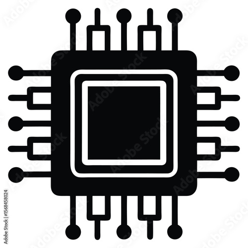 Black computer chip with connecting pins and circuits microchip processor