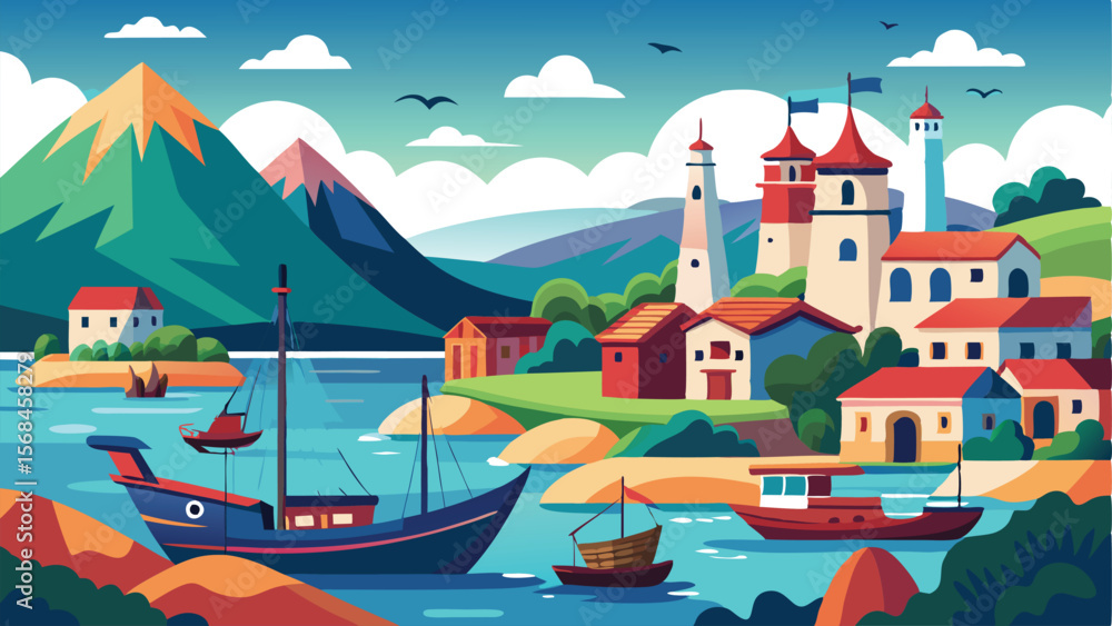 Naklejka premium Colorful Vector Landscape Coastal Village with Mountains, Boats, and a Fortress Illustration