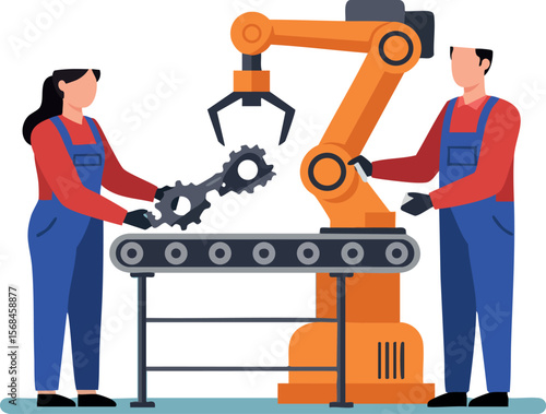 Factory workers operating robotic arm assembling machine parts on conveyor belt vector illustration 