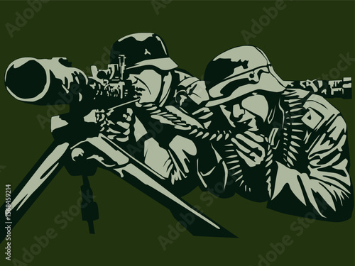 Machine gun crew from World War II on a green background, vector illustration depicting soldiers firing a machine gun. For the design of symbols, emblems, chevrons and banners and logos in military st