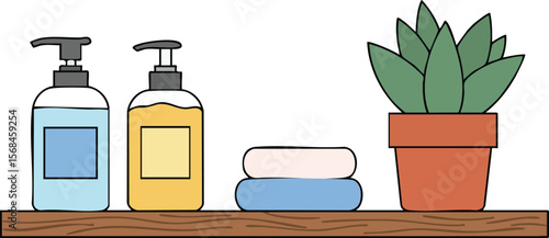 Bathroom shelf with soap dispensers towels and potted succulent plant for minimalist home decor vector illustration