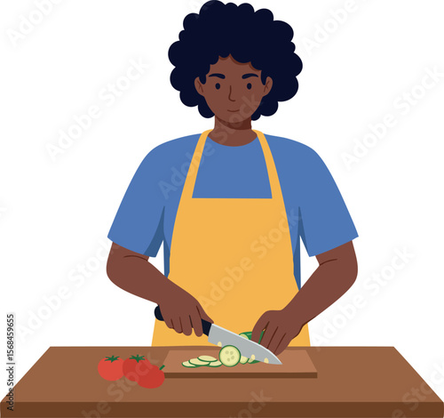 Person chopping vegetables on cutting board with tomatoes and knife vector illustration