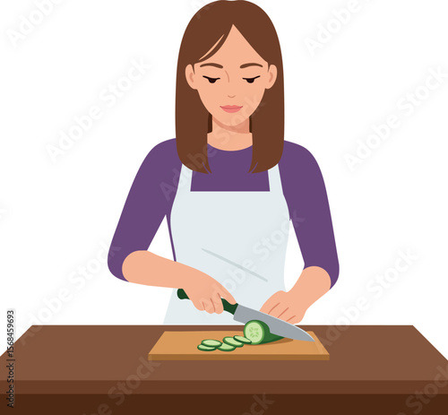 Woman slicing cucumber with knife on wooden cutting board in kitchen vector illustration 