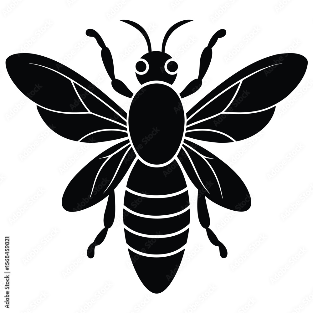 Fototapeta premium Black silhouette of a bee with detailed wings and segmented body insect white