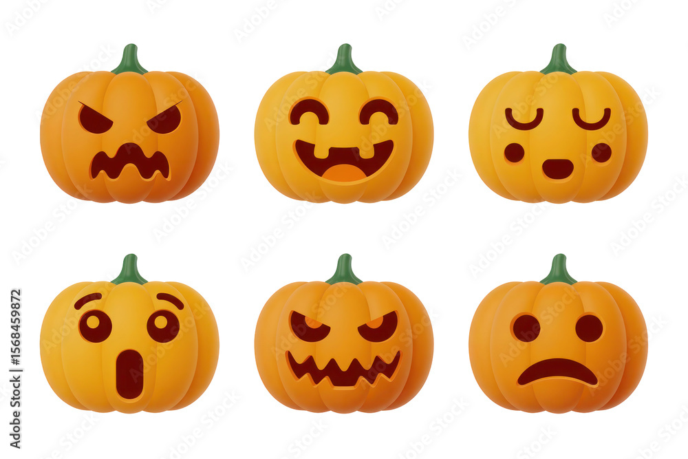 Six Orange Pumpkins Displaying Diverse Facial Expressions Isolated Against a Black Background Set of Halloween Jack O Lantern Emojis 3 D Rendered Images P N G Cutouts for Social Media Six Orange Pumpkins Displaying Diverse Facial Expressions Isolated Against a Black Background Set of Halloween Jack O Lantern Emojis 3 D Rendered Images P N G Cutouts for Social Media