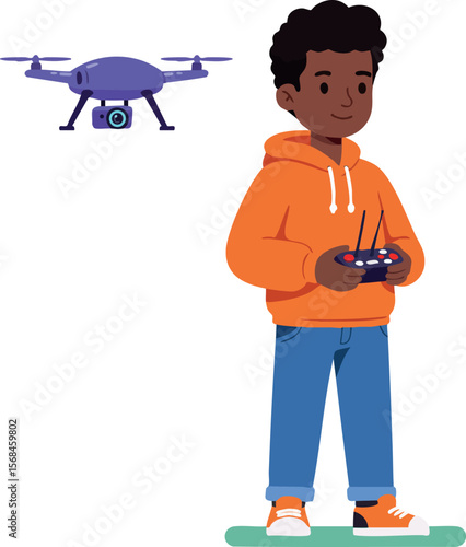 Boy in orange hoodie flying purple drone with remote control vector illustration 