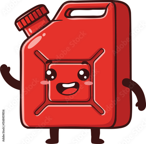 Red gas can cartoon character smiling waving hand cute vector design illustration