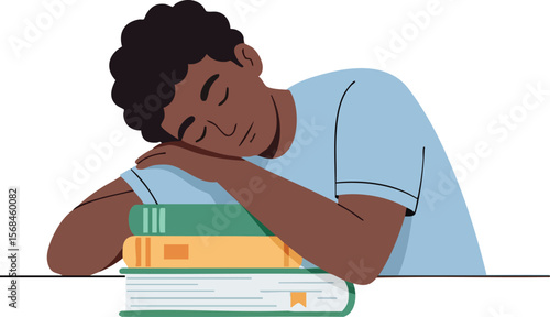 Young man sleeping on stack of books resting head on arms peaceful rest vector illustration 