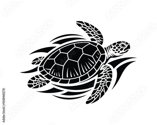 Black and White Tribal Turtle Graphic – Intricate Shell and Flipper Patterns

